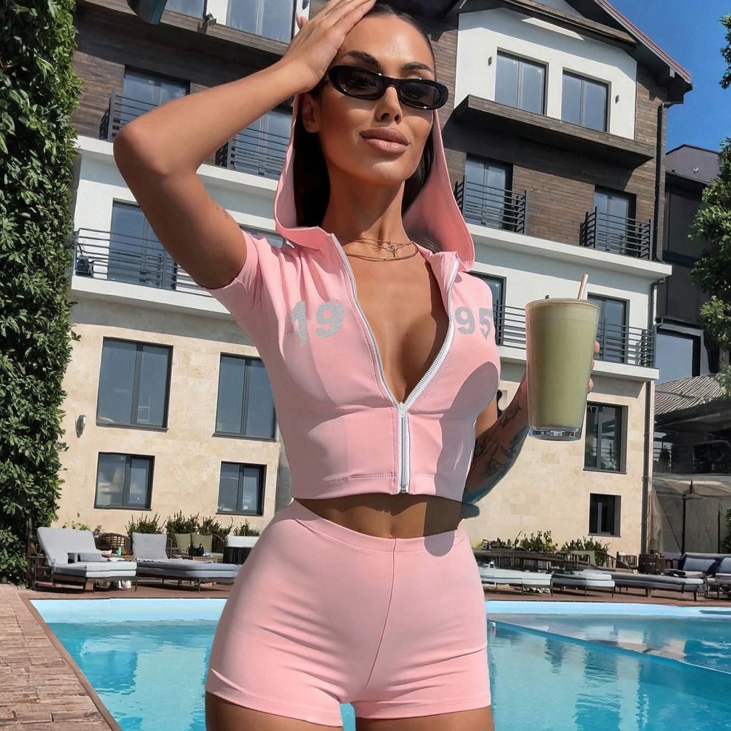 Street Sports Rhinestone Hooded Zipper Short Sleeve Top Hip Shorts Casual Two Piece Set