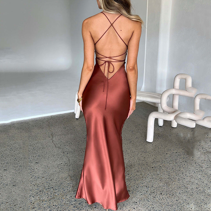 Women Clothing Sexy Strap Satin Dress Autumn Backless Lace up Waist Controlled Maxi Dress