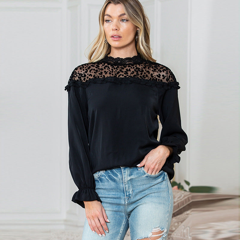 Ruffles Design Pullover Women Casual All Match Leopard Print Stitching Long Sleeve T Shirt Women