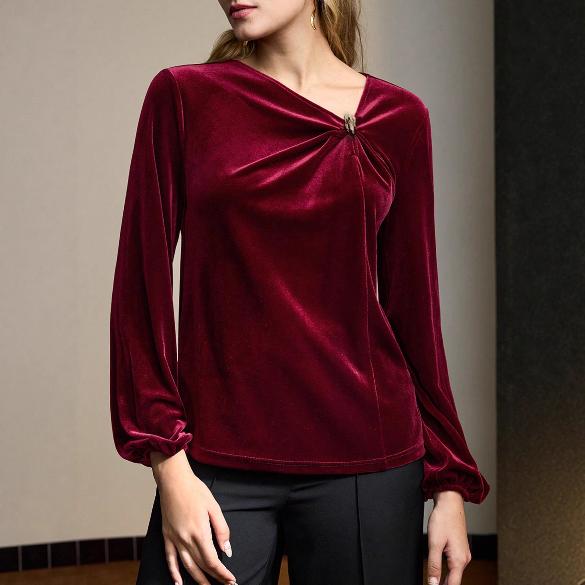 Women Clothing Autumn Velvet Pleated Long Sleeved Shirt Twisted Shoulder Collar Shirt