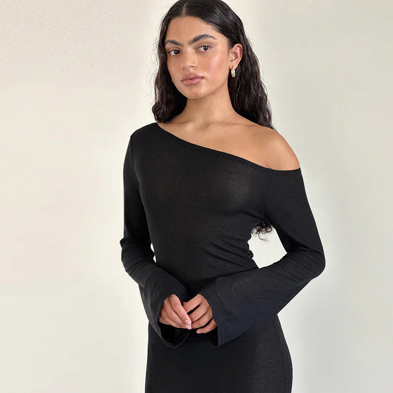 Women Clothing Autumn Elegant Oblique Shoulder Long Sleeve Dress Women Solid Color Sexy Formal Dress
