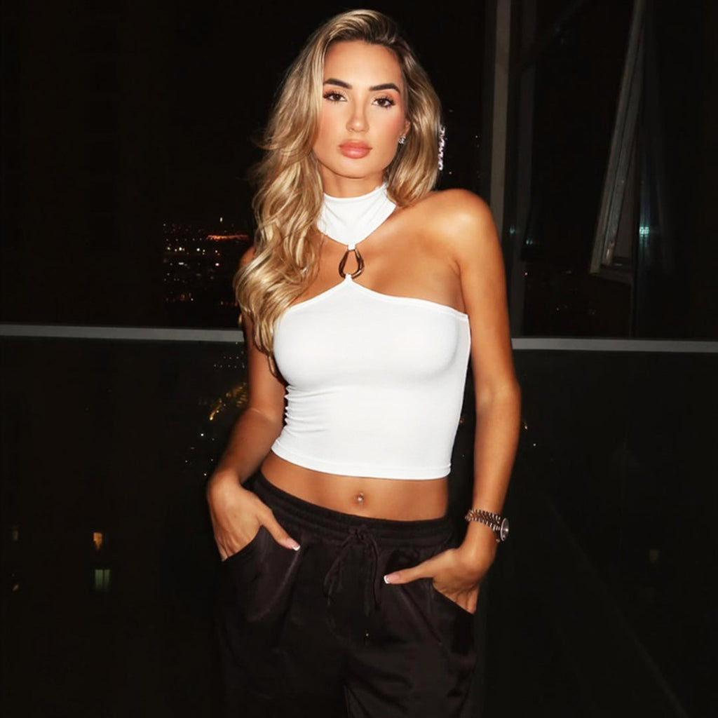 Women Clothing Summer Pure Sexy Sleeveless Slim Fit Cropped Halter Vest