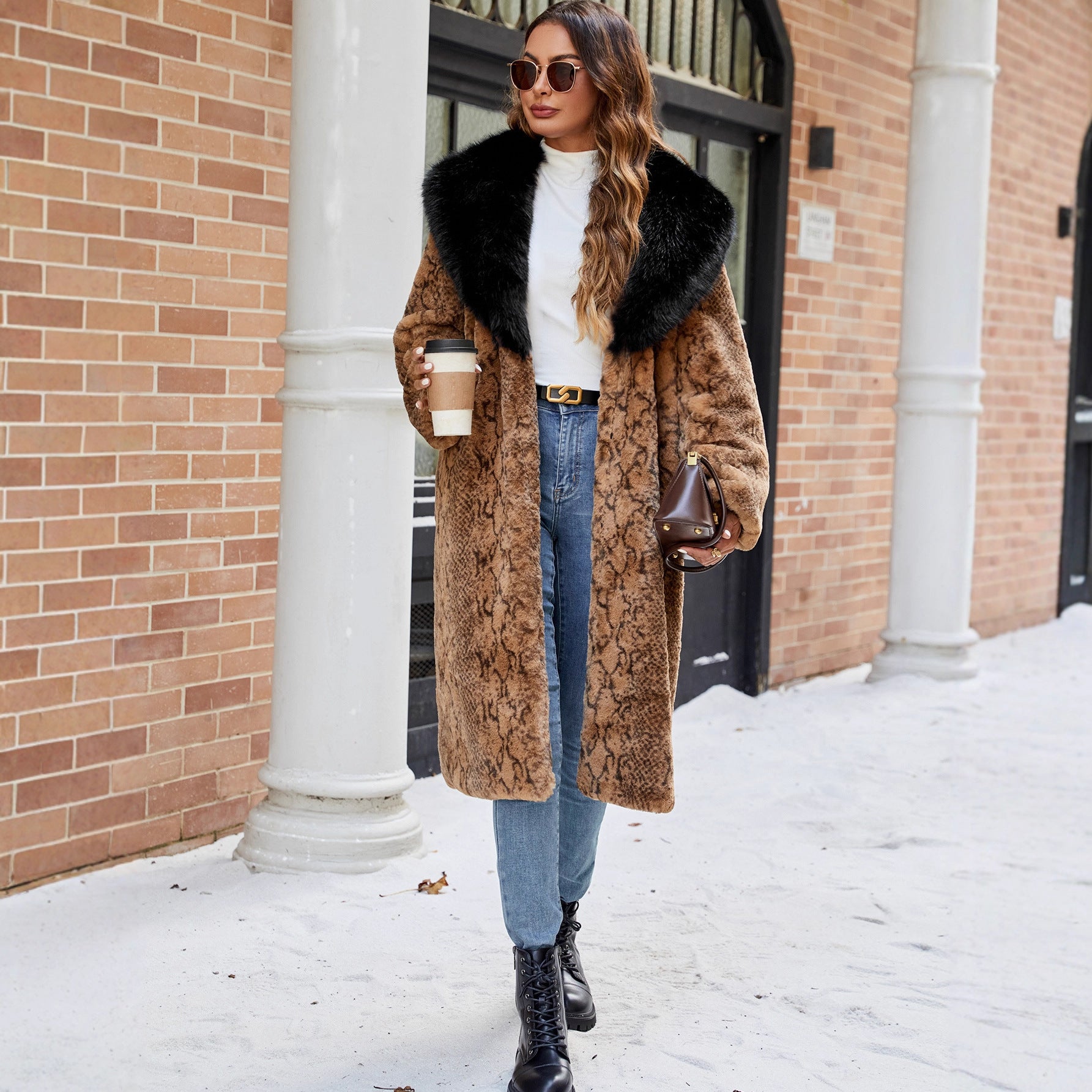 Fall Winter Retro Snakeskin Pattern Brand Thickened Faux Fur Plush Coat