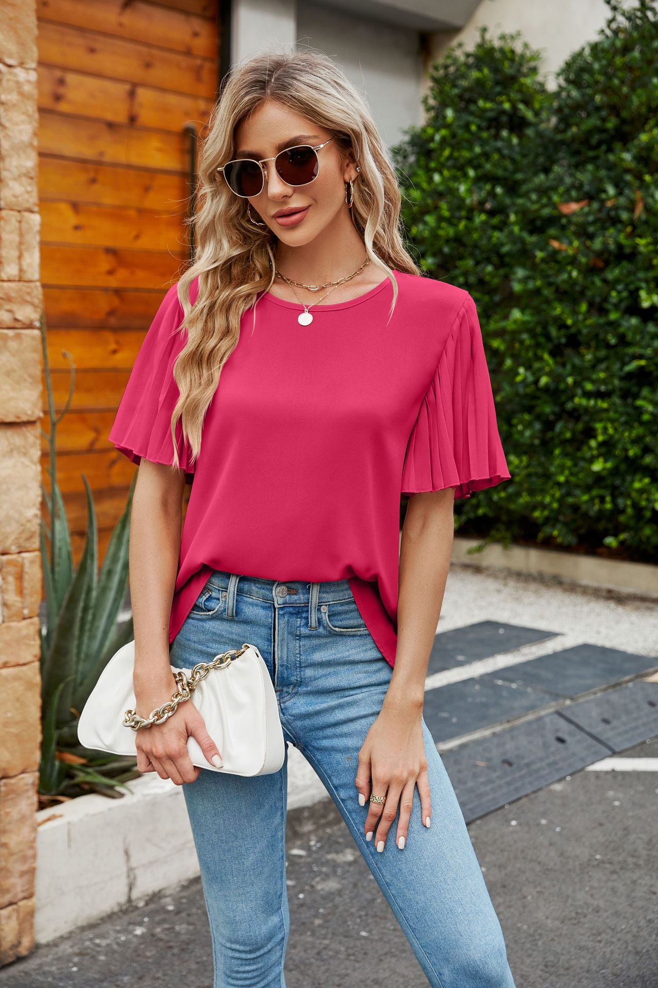 Summer Women Clothing Ice Silk Zou Folding Bell Sleeve round Neck Top