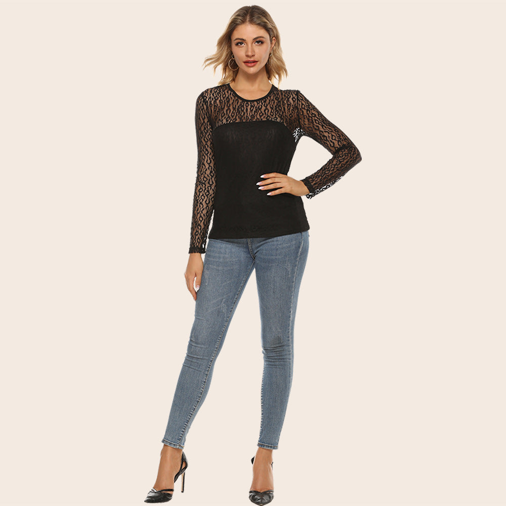 Spring Summer Women Round-Neck Sexy Hollow Out Cutout out Lace Stitching Long Sleeve Casual Bottoming Shirt