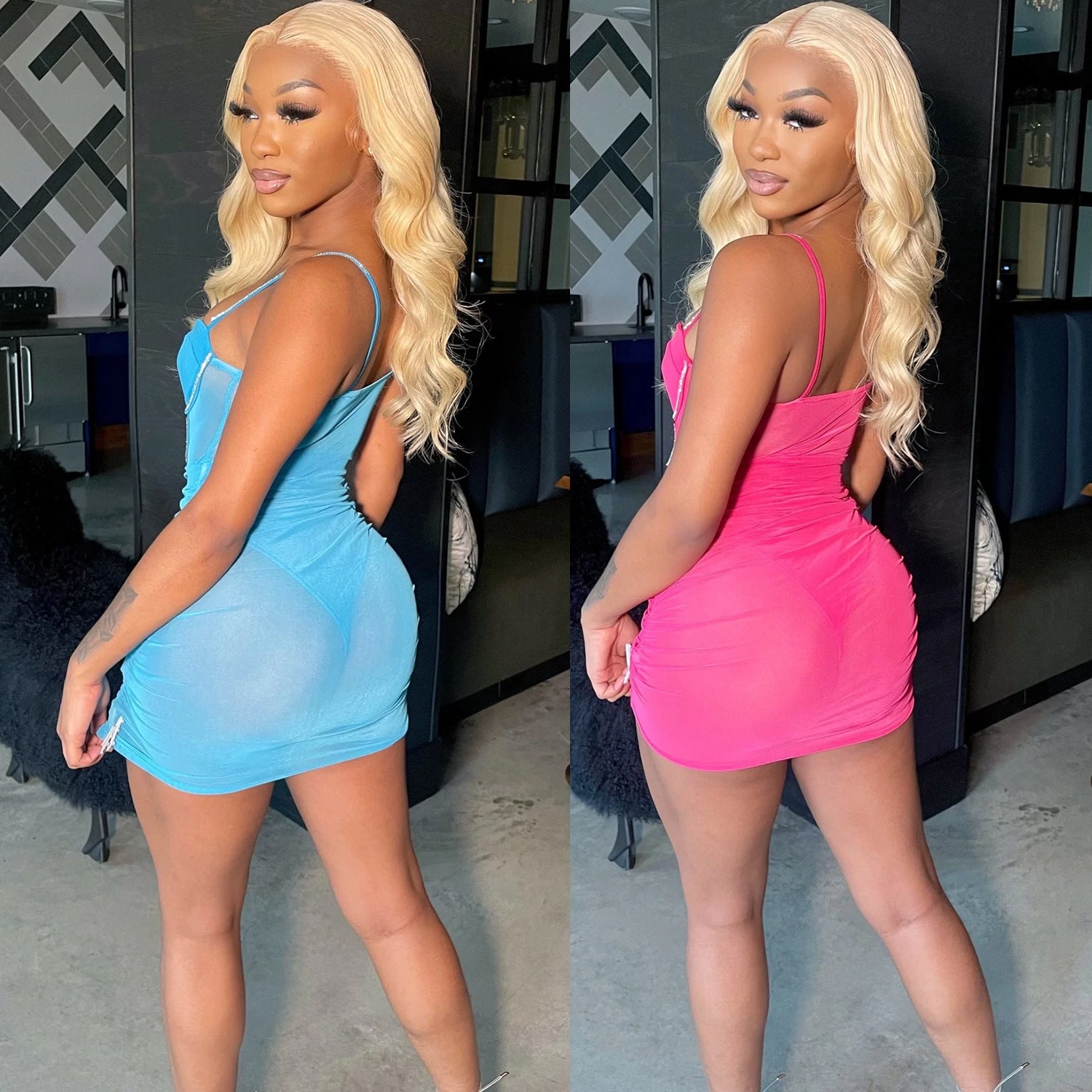 Summer Women Clothing Sexy Tight Mesh See through Diamond Embedded Pleated Cami Dress