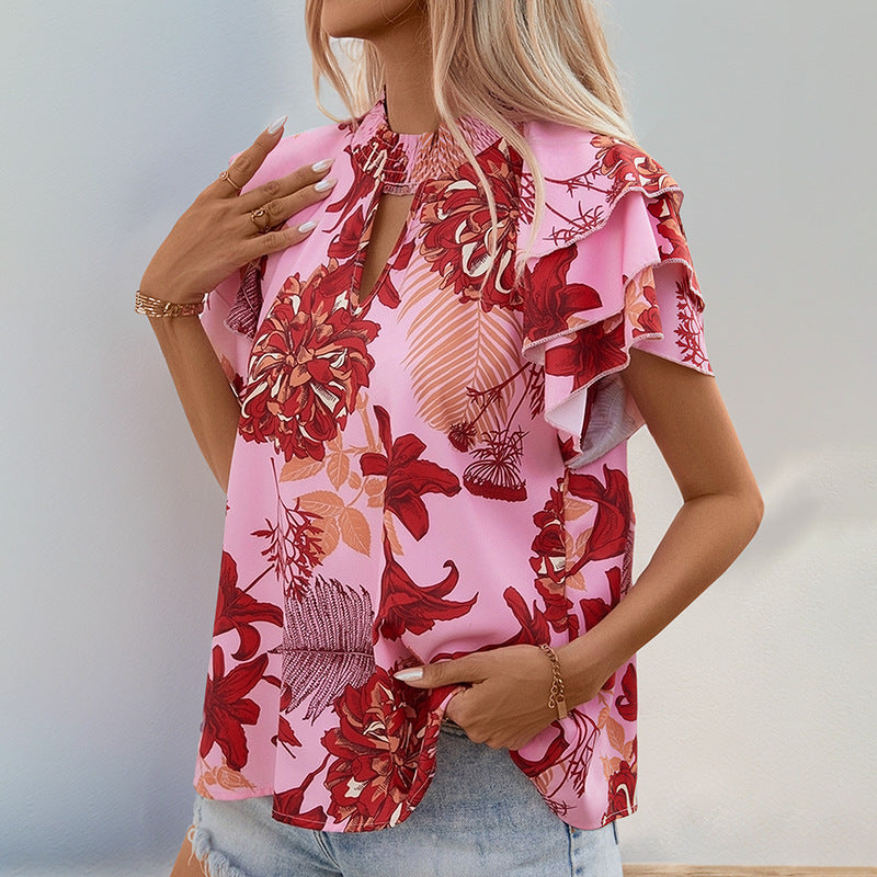 Summer Women Lotus Leaf Layered Sleeve Printing Shirt Women