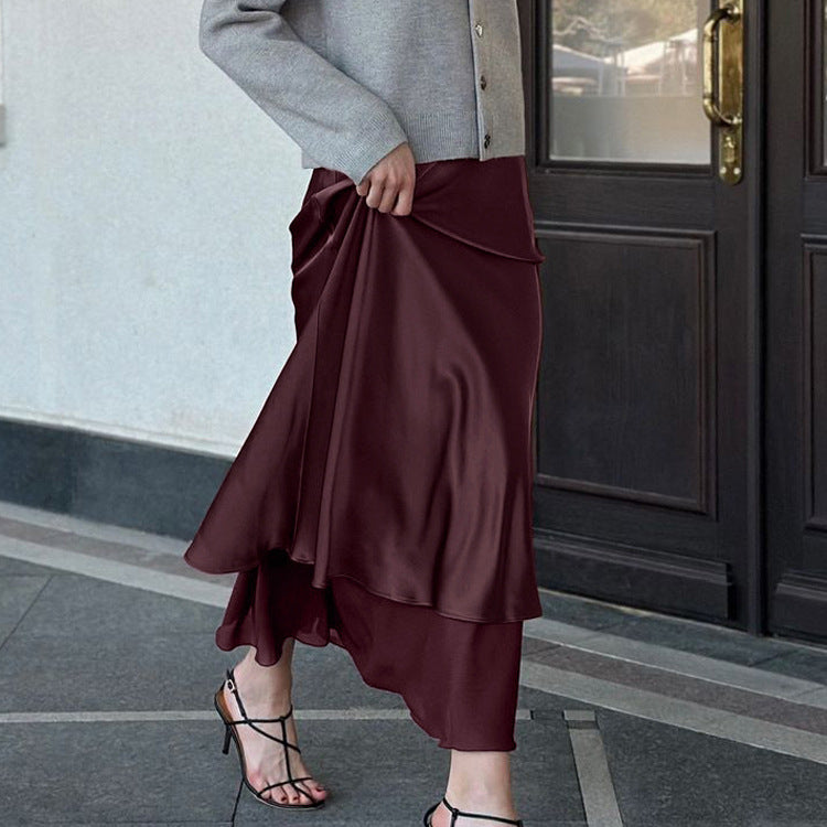 Women Clothing Satin Skirt Women Spring Summer Patchwork Mesh Double Layer Design Sheath