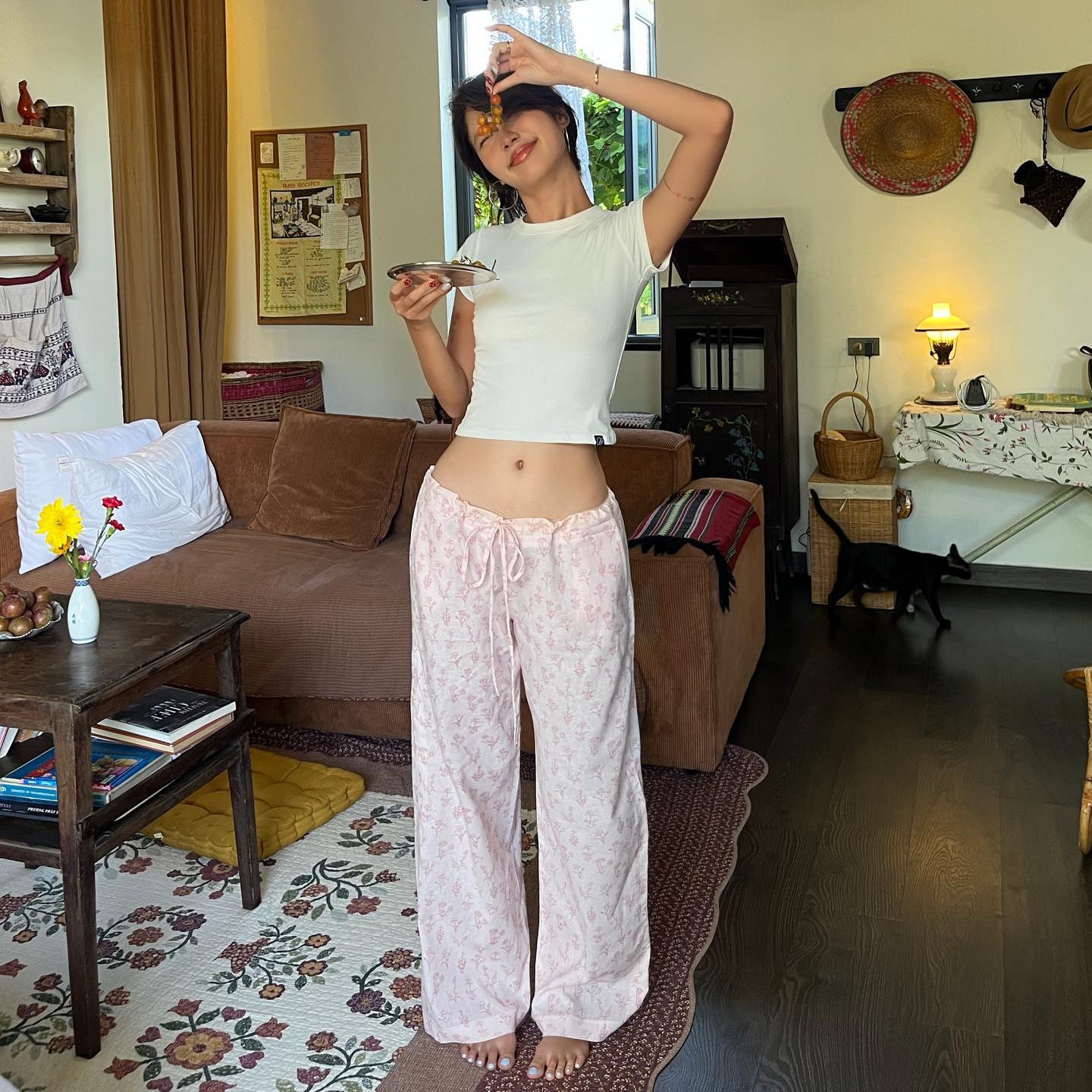 Summer Loose Home Wear Pajama Pants Cute Floral Drawstring Lace Straight Women Casual Pants