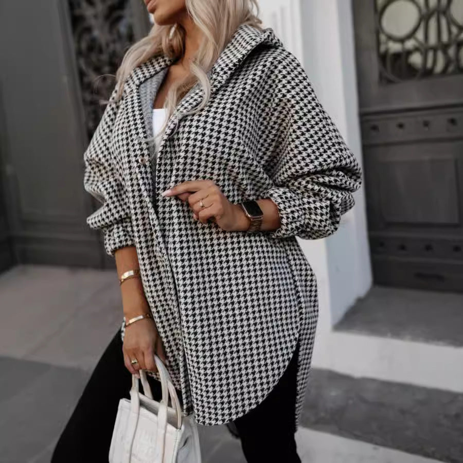 Women Clothing Autumn Hooded Plaid Coat Loose Casual