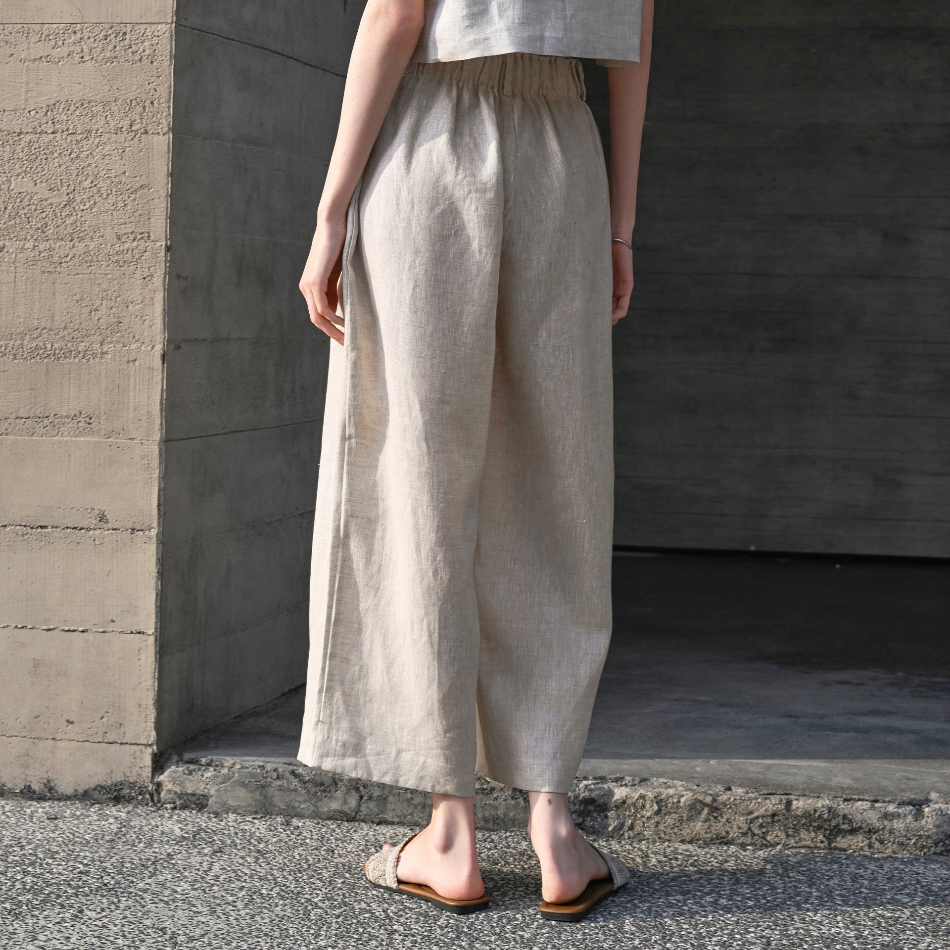 Pure Linen Casual Pants Women Summer Comfort Breathable Trousers Casual Elastic Waist Straight Leg Pants