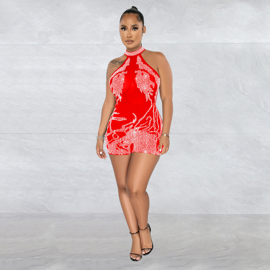 Women Wear Mesh See through Rhinestone Sleeveless Shorts Jumpsuit