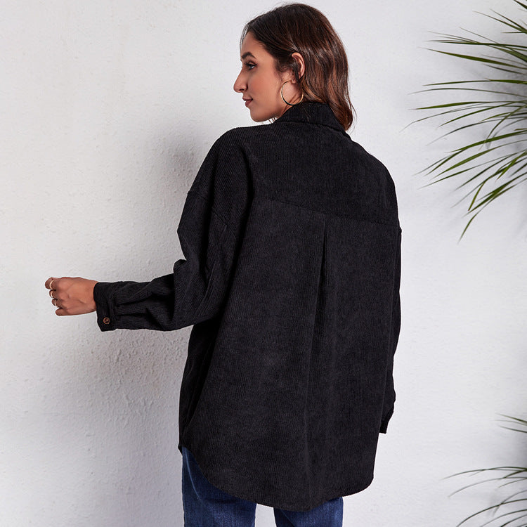 Loose Corduroy Shirt Mid-Length Patchwork Pocket Drop-Shoulder Long-Sleeve Thin New