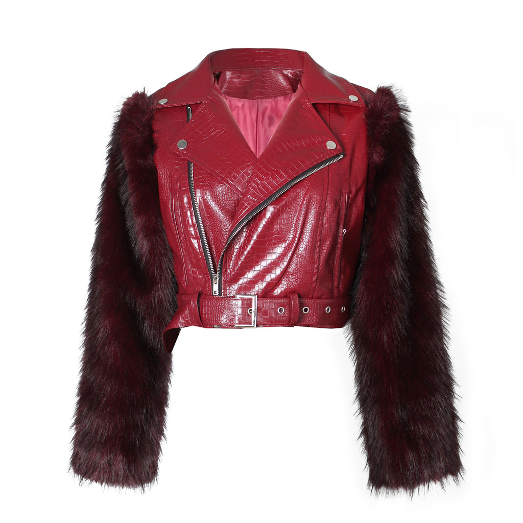 Stitching Fur Motorcycle Jacket Women Short Autumn Winter Faux Leather Jacket Street Warm Top