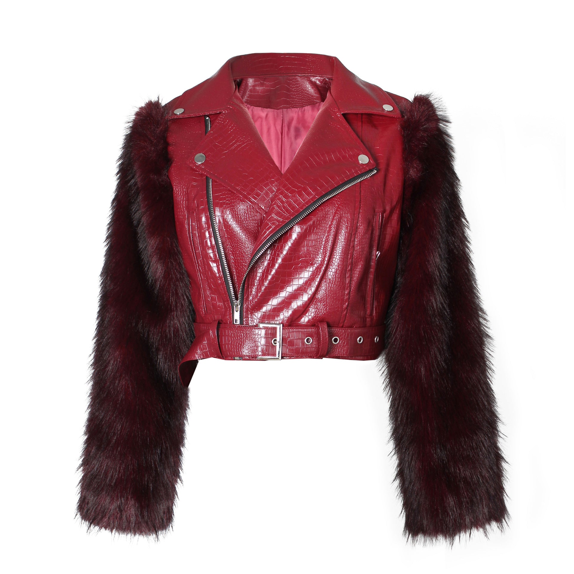 Stitching Fur Motorcycle Jacket Women Short Autumn Winter Faux Leather Jacket Street Warm Top