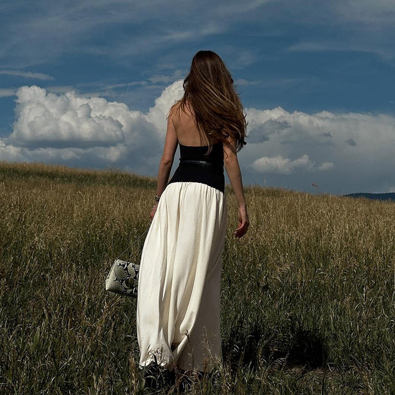 Fall Women Clothing Loose Backless Stitching Pleated Slim Mop Dress