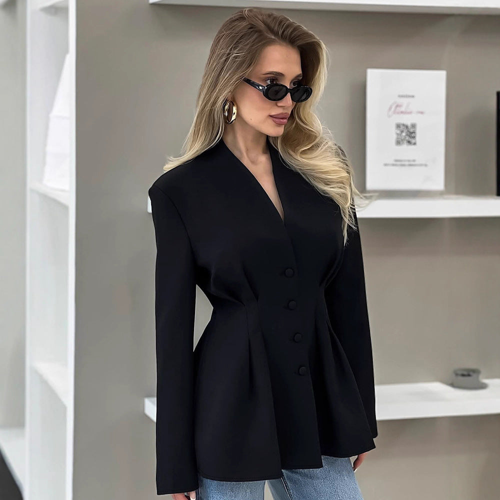 Women Clothing Autumn Elegant Slim Fit Abdomen Control Black Office Design V neck