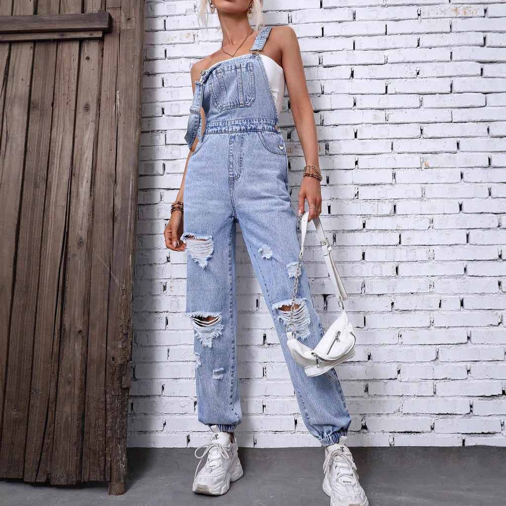 Women Clothing Shoulder Strap Hole Denim Suspenders Pants