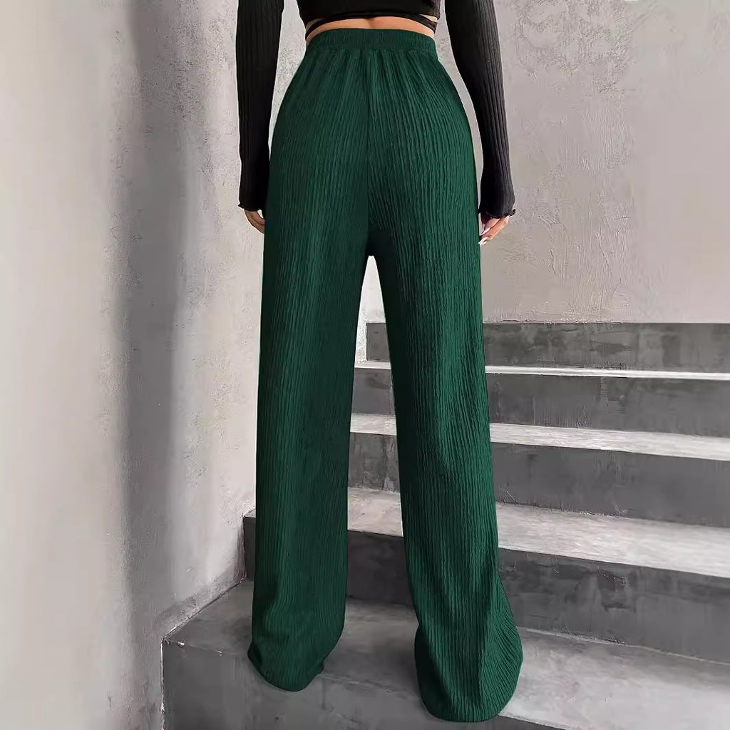 Spring Autumn Solid Color French Elastic Waist Thin Striped Road Comfortable Drawstring High Waist Drooping Wide Leg Casual Pants