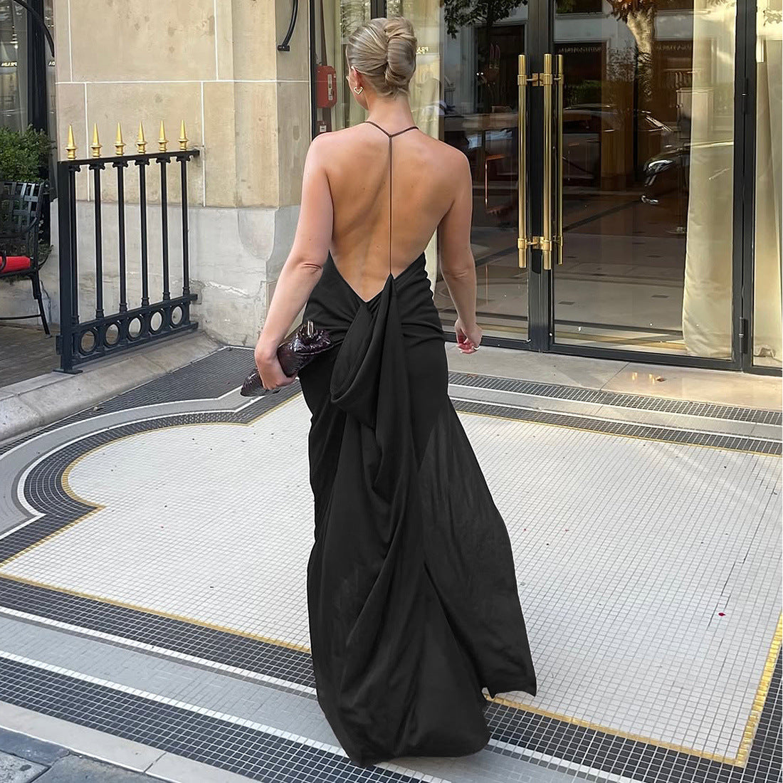 Autumn Winter Women Clothing Solid Color Sexy Big Backless U Neck Side Slit Pleated Dress