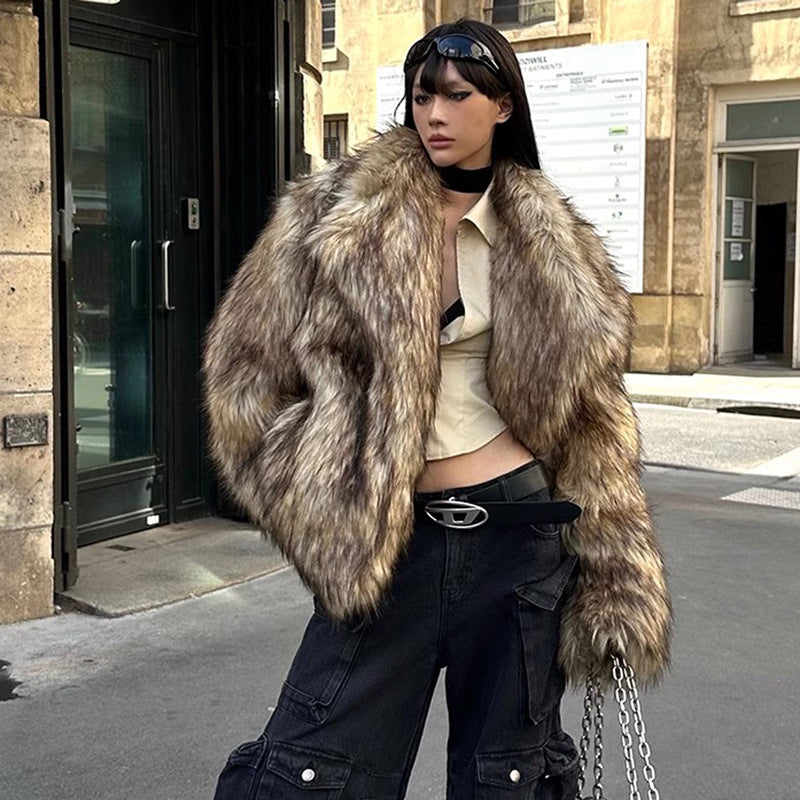 Women Fur Coat Raccoon Fur Coat Brown Collared Environmental Protection Fur Warm Furry Coat Casual