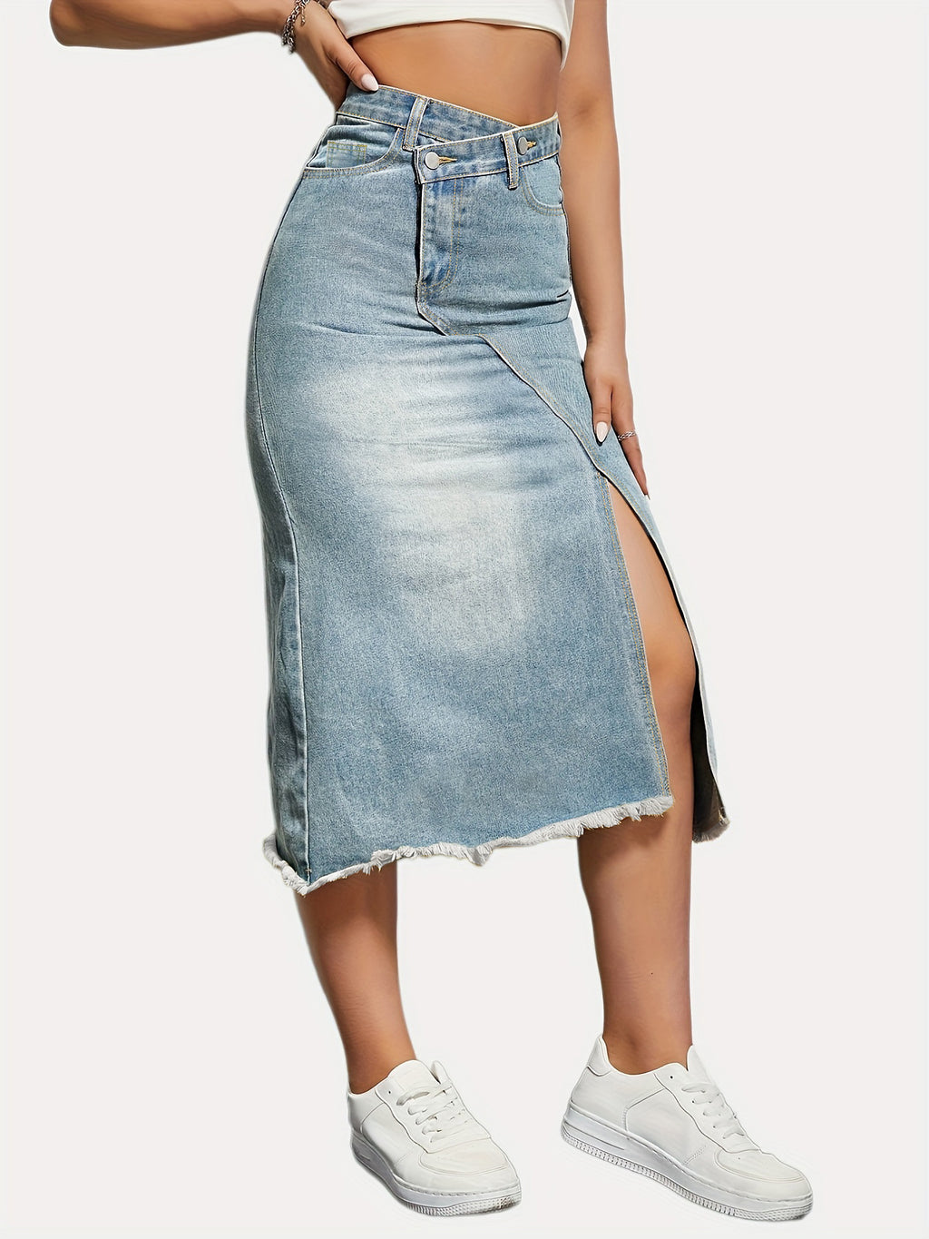 Autumn Retro Denim Skirt Women Fashionable with Side Slit Stitching Mid Length
