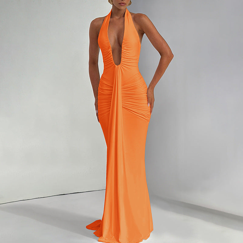 Spring Summer Women Elegant Sexy Deep V Plunge neck Halter Slim Pleated Dress Women