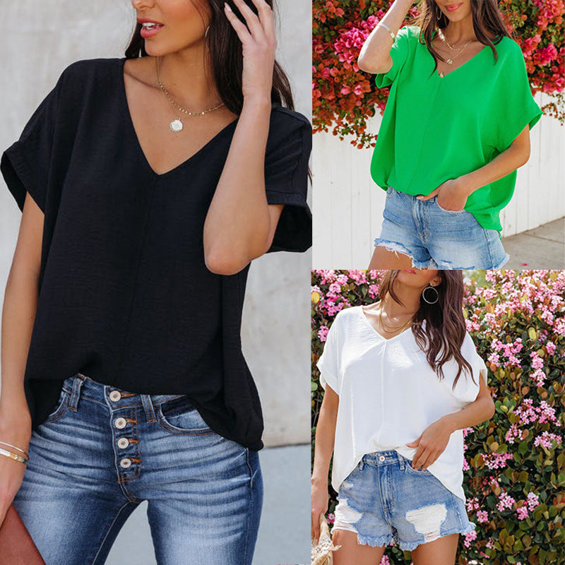 Summer Casual Loose Simple Solid Color Short Sleeve Chicken Hearts V neck T shirt Short Top for Women