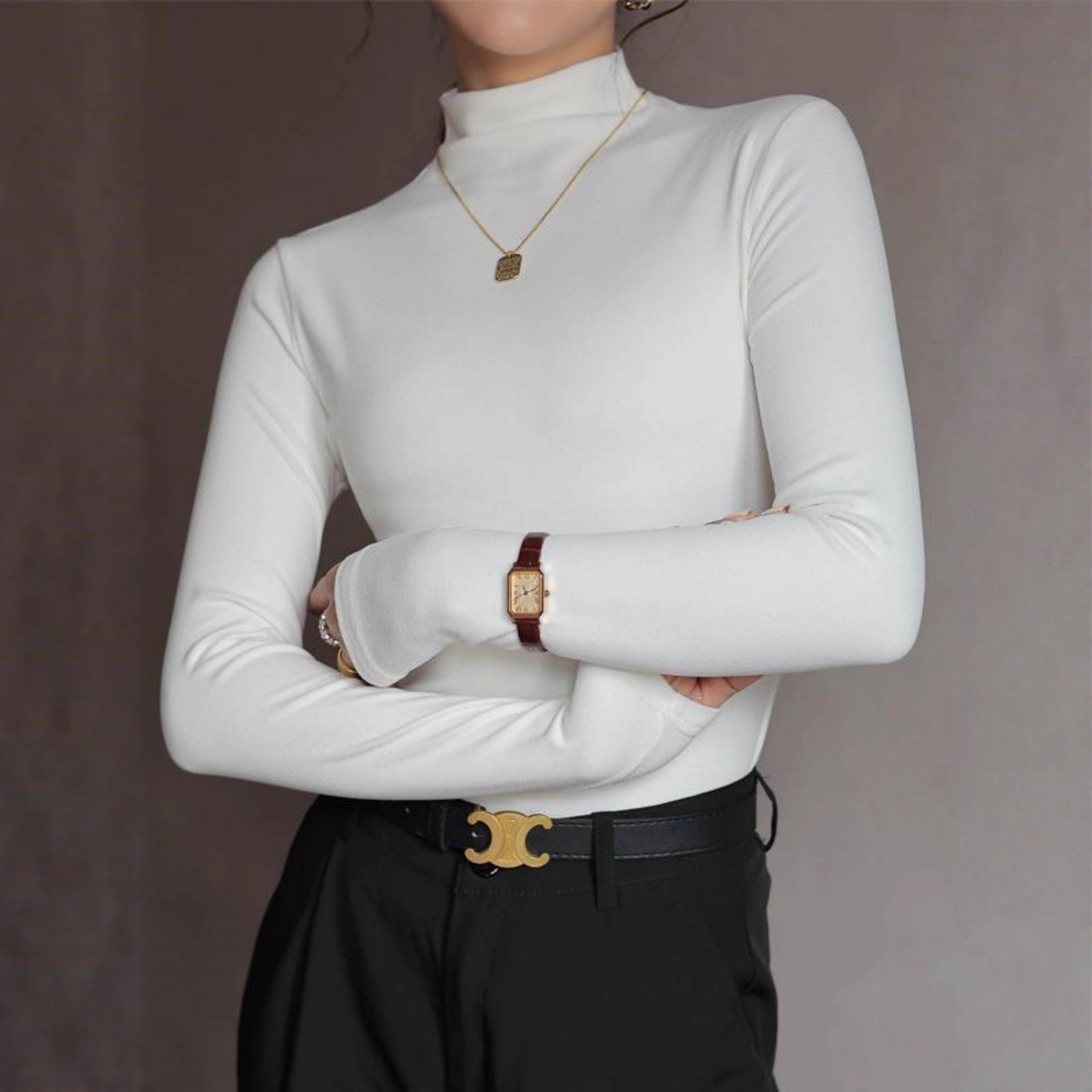 Women Clothing Autumn Winter Simple Solid Color Upper Clothes Long Sleeves T shirt Half Turtleneck Bottoming Shirt