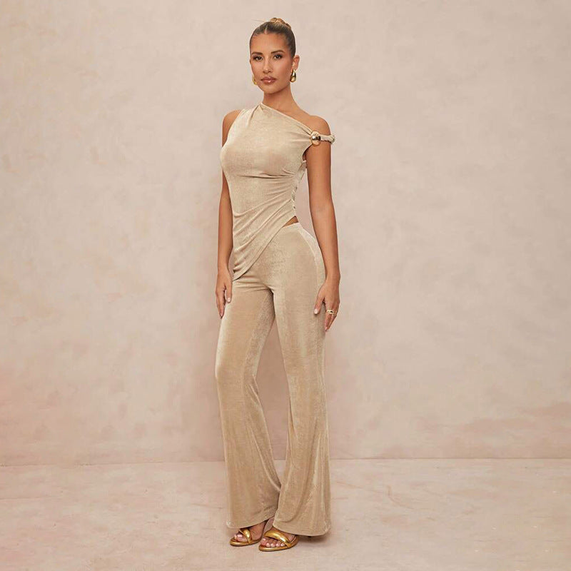 Summer Women Clothing Diagonal Collar Slim Top Sheath Bootcut Pants Set Women