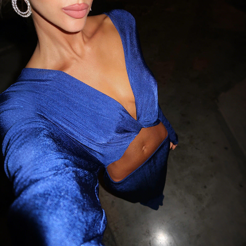 Fall Winter Women Solid Color Sexy V neck Cropped Hollow Out Cutout out Batwing Shirt Dress for Women