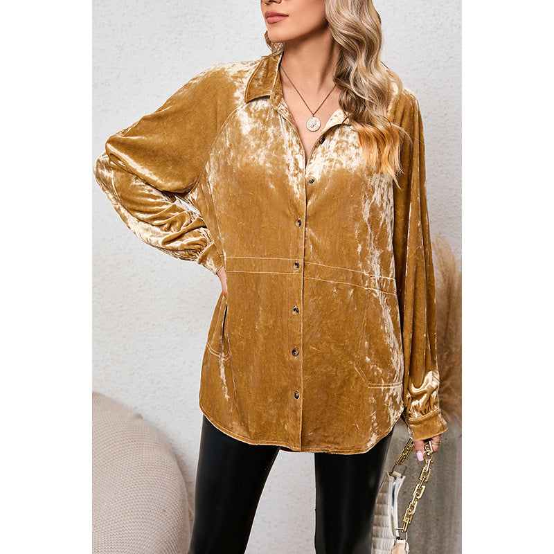 Fall Solid Color Buttons Long-Sleeved Shirt for Women Loose Slim Fit Velvet Shirt for Women