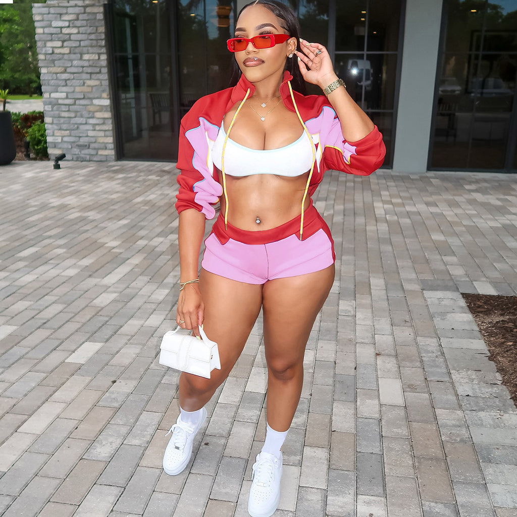 Summer Women High Collar Long Sleeve Top Hip Shorts Sports Casual Set