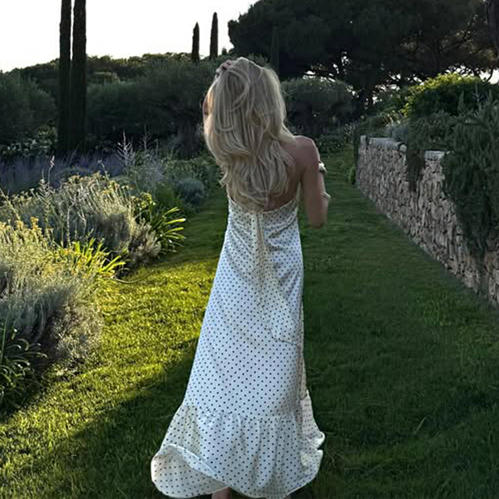 French Halter Polka Dot Satin Dress Sexy Elegant Backless Waist Trimming Dress