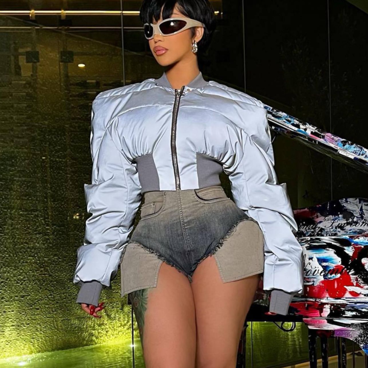 Autumn Winter Women Clothing Round Neck Long Sleeve Zipper Waist Warm Casual Reflective Cotton Padded Coat