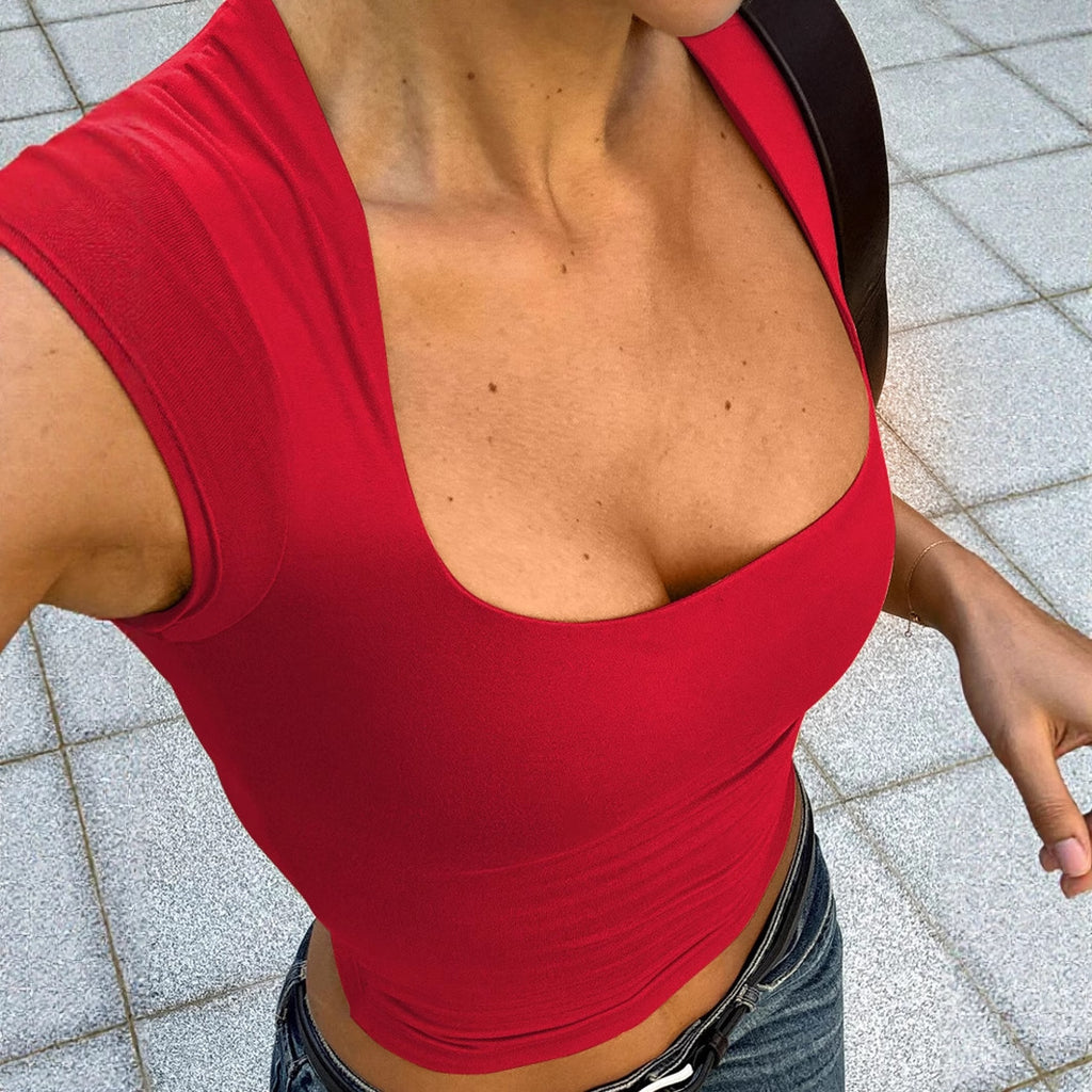 Sexy Women Clothing Summer Solid Color Square Collar Short Sleeve Slim Fit Slimming T shirt Vest Top