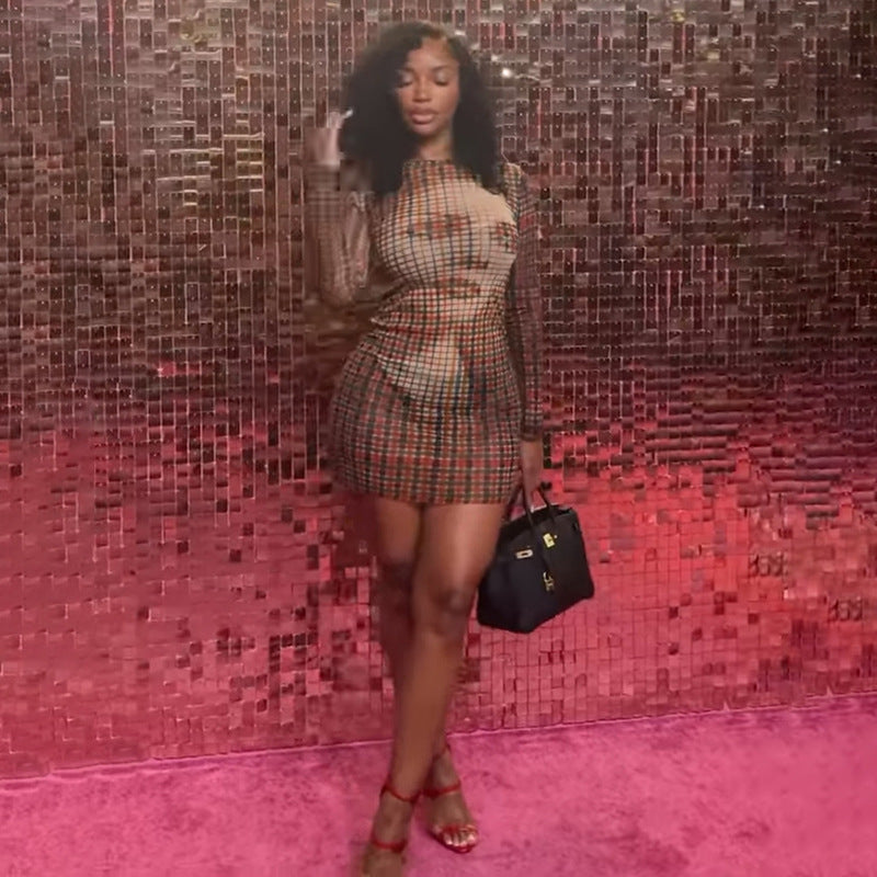 Autumn Slim Printed Plaid Long Sleeve Narrow Short Skirt Special Dress Women Clothing