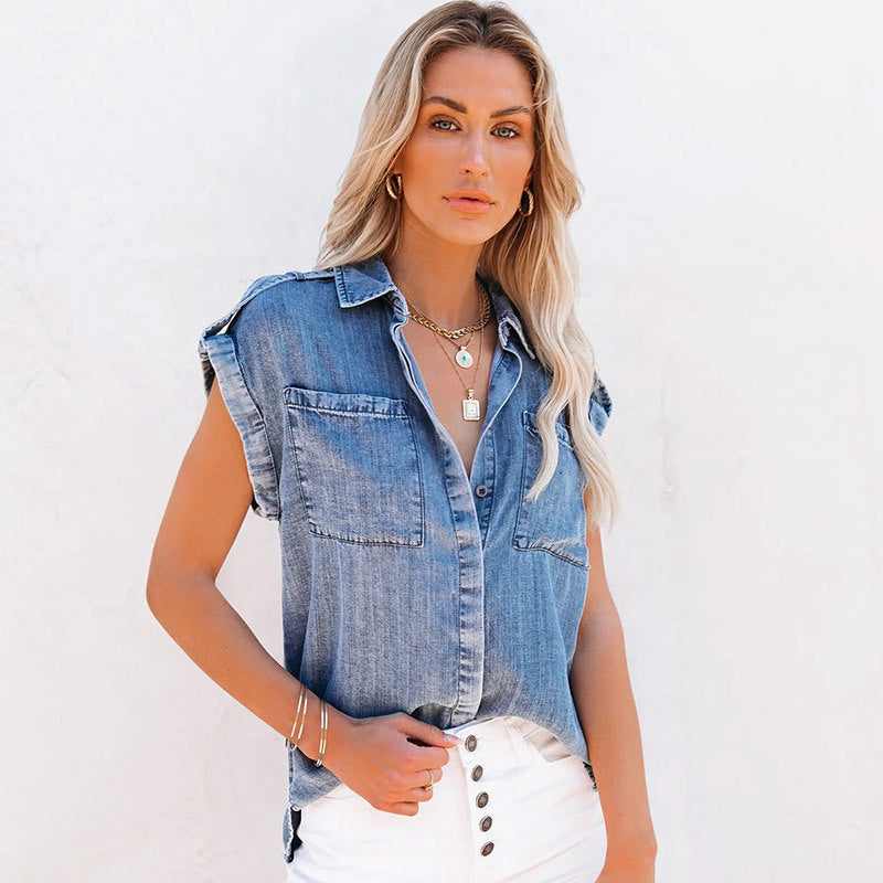 New Sleeveless Denim Shirt Straight Pocket Loose Top for Women