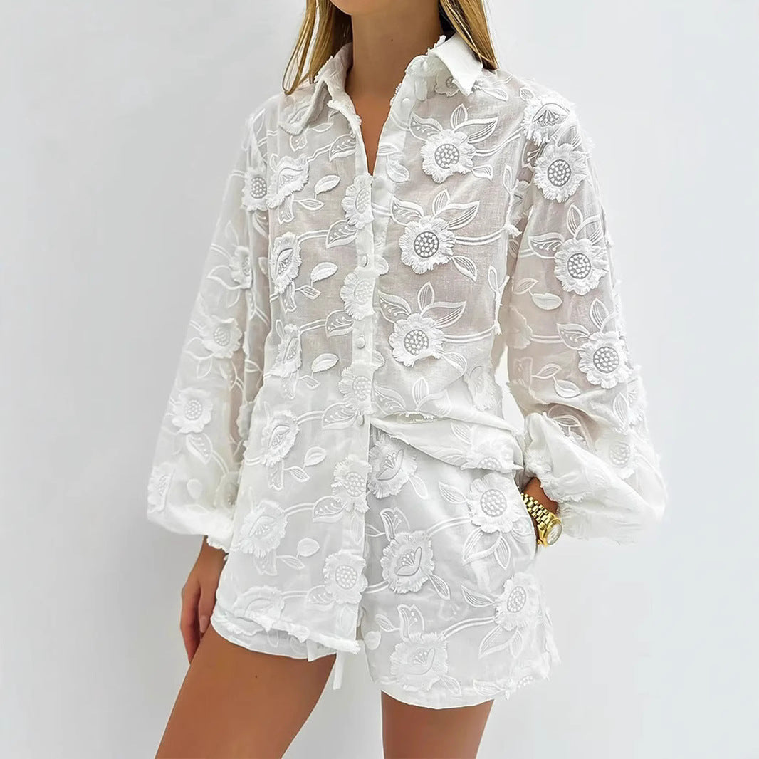 Women Clothing Sexy Lace Suit Embroidery Transparent Shirt High Waist Shorts White