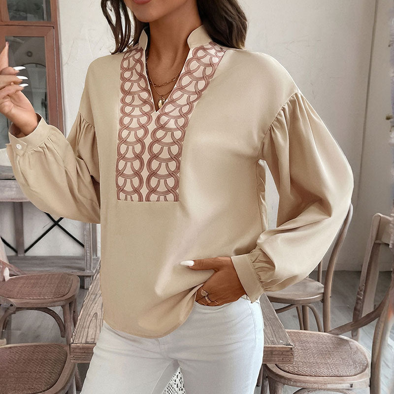 Elegant Top Long Sleeve Stand Collar Ethnic Shirt for Women