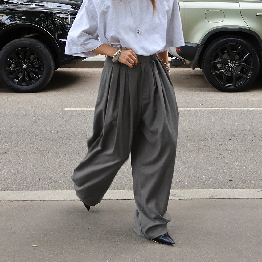 French Office Pleated Gray Work Pant Women Autumn Casual Loose All Matching Wide Leg Trousers