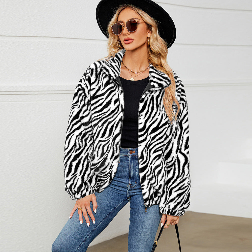 Zebra Pattern Plush Stand Collar Zipper Coat Faux Fur Coat Jacket