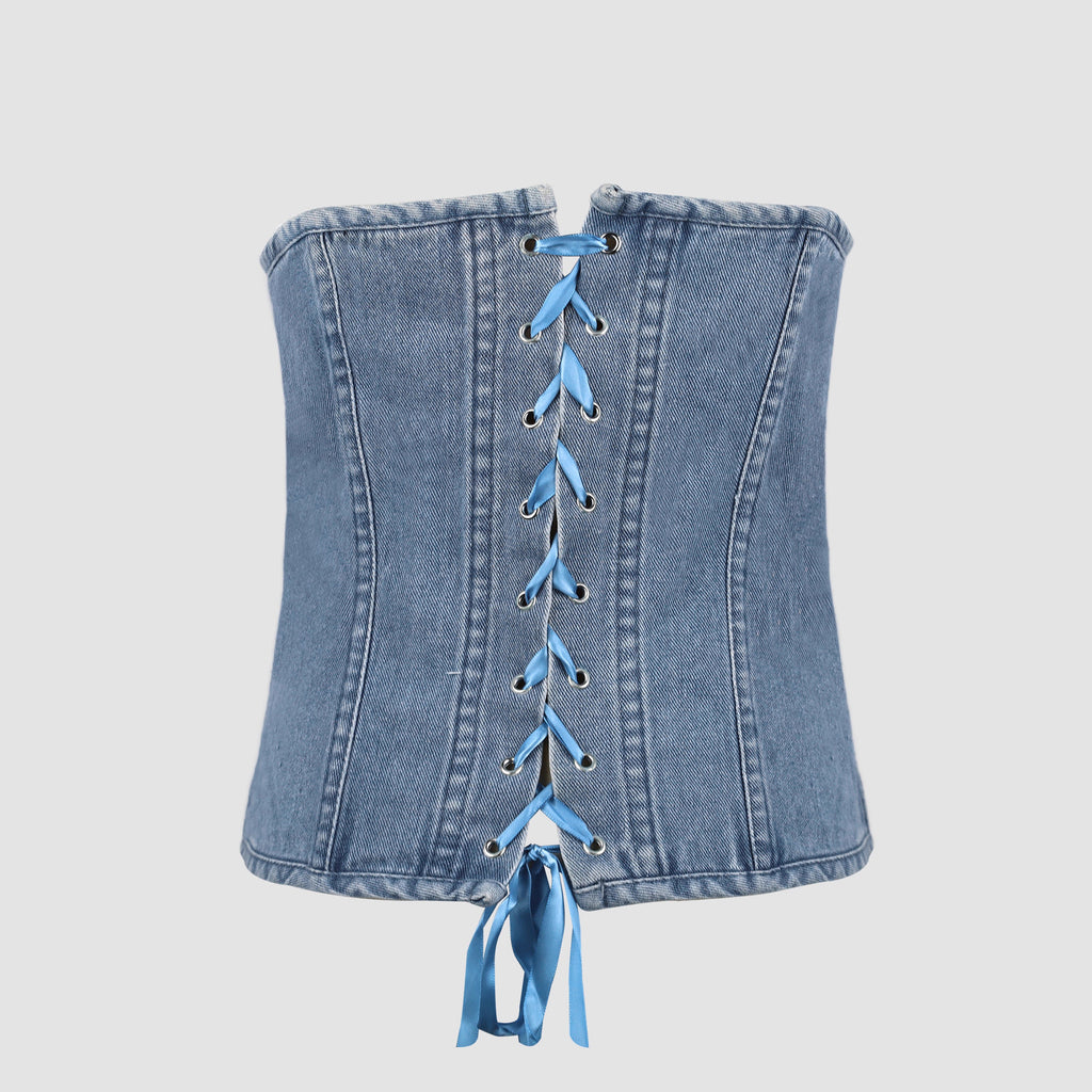 Spicy Girl Retro Denim Tube Top Women Sweet Cool off Shoulder Cropped Top