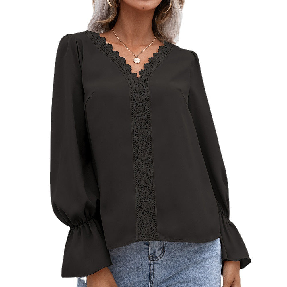 Autumn Elegant V-neck Hollow Out Hollow Out Cutout Lace Long Sleeve Shirt for Women
