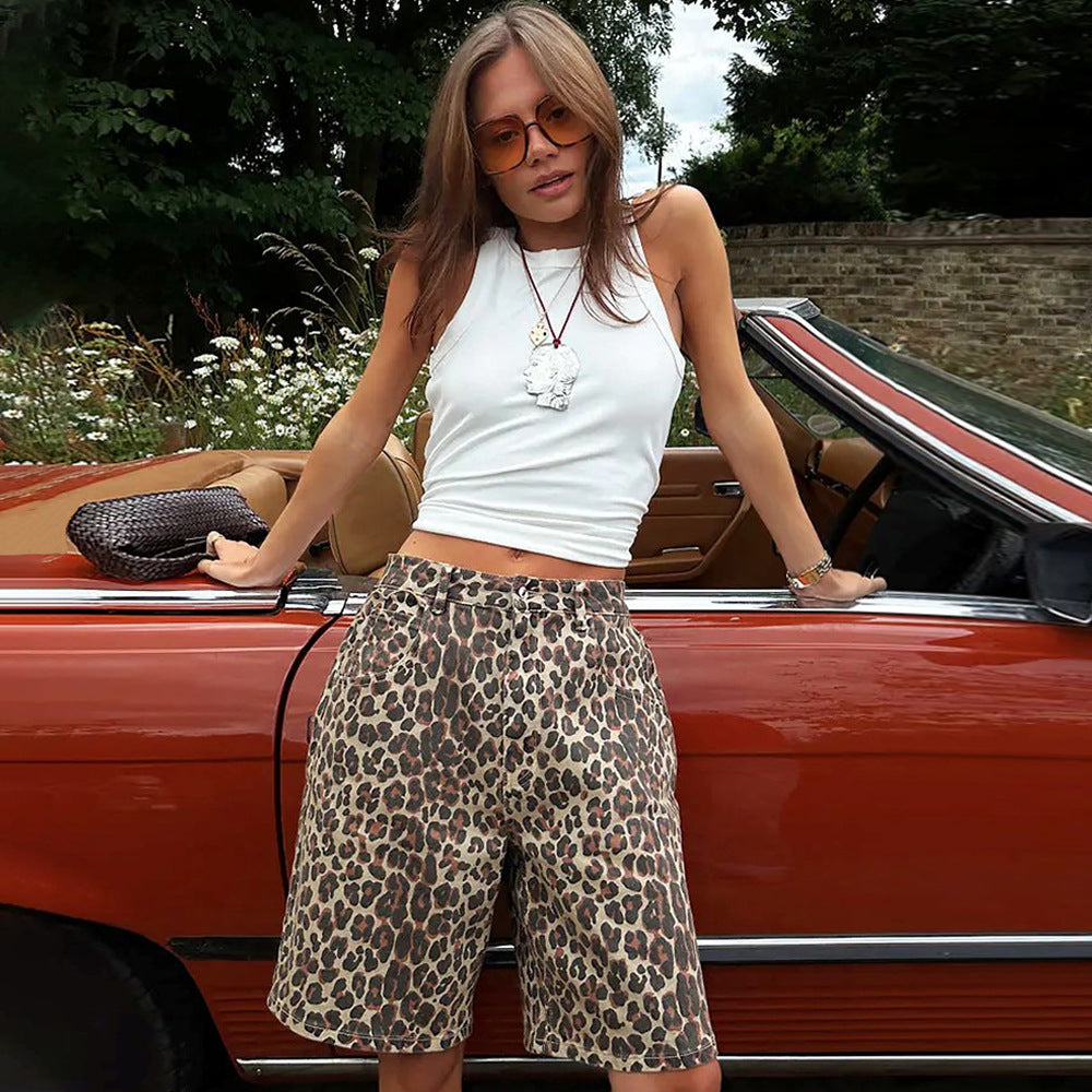 Pure Cotton Leopard Print Shorts Spring Summer Fashionable Fifth Pants Street Leopard Print Shorts for Women