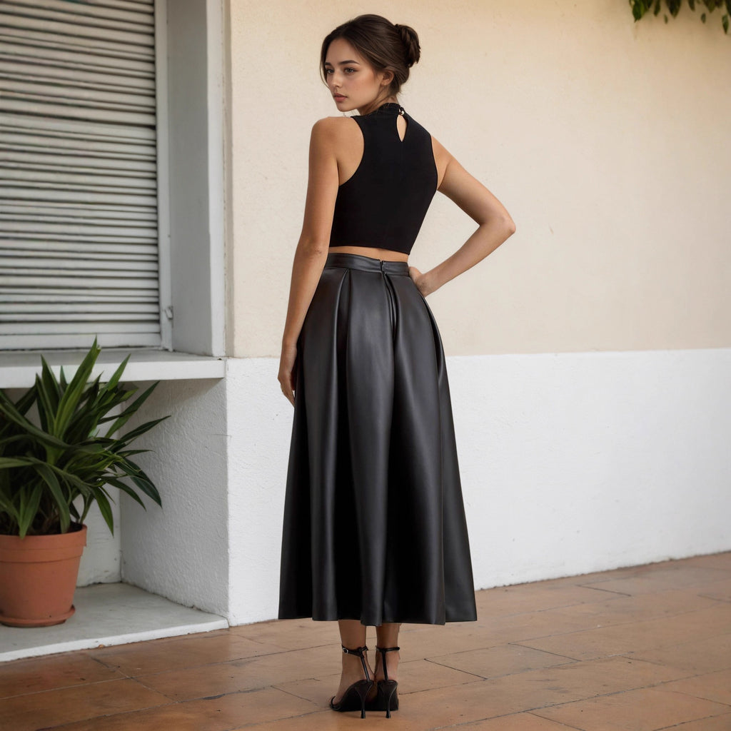 Large Skirt Ladies Spring Autumn High Waist Office Umbrella Skirt Faux Leather Design A line Skirt