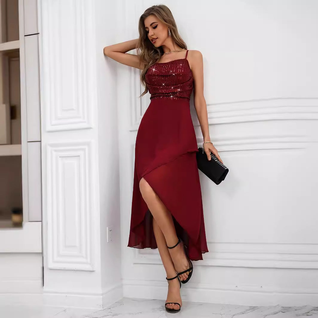 Sexy Sequined Suspender Chiffon Patchwork Dress Women Clothing Evening Dress
