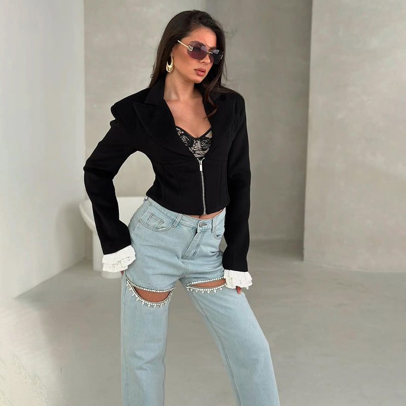 Fall Women Clothing Sexy Deep V Plunge Collared Waist Tight Slimming Zipper Coat Top Women