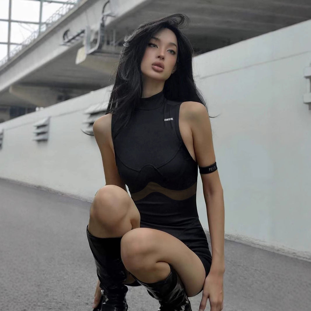 Street Mesh Stitching Hollow Out Cutout Sleeveless Romper Sexy Solid Color Tight Sports Waist Shaping Trousers