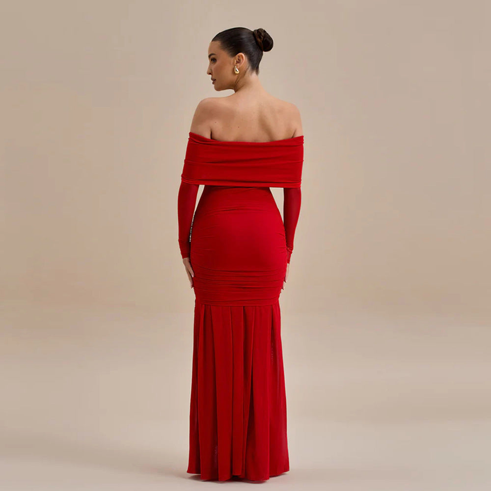 Spring Summer Sexy off The Shoulder Pleated Dress Floral Slim Fit Dress